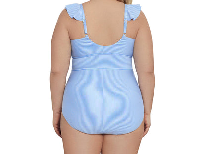 Time and Tru Womens Ruffle Seersucker One Piece Swimsuit Cabana Swim Size M