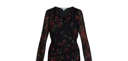 Time and Tru Womens Print Dress with Long Sleeves Black Soot Ditsy Size S