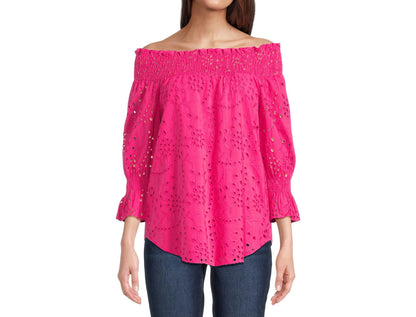 The Pioneer Woman Cotton Off the Shoulder Smocked Eyelet Blouse Beetroot Size M