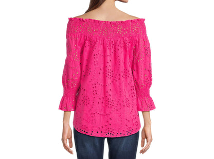 The Pioneer Woman Cotton Off the Shoulder Smocked Eyelet Blouse Beetroot Size M