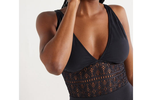 Time and Tru Womens Crochet Plunge One Piece Swimsuit Black Size M