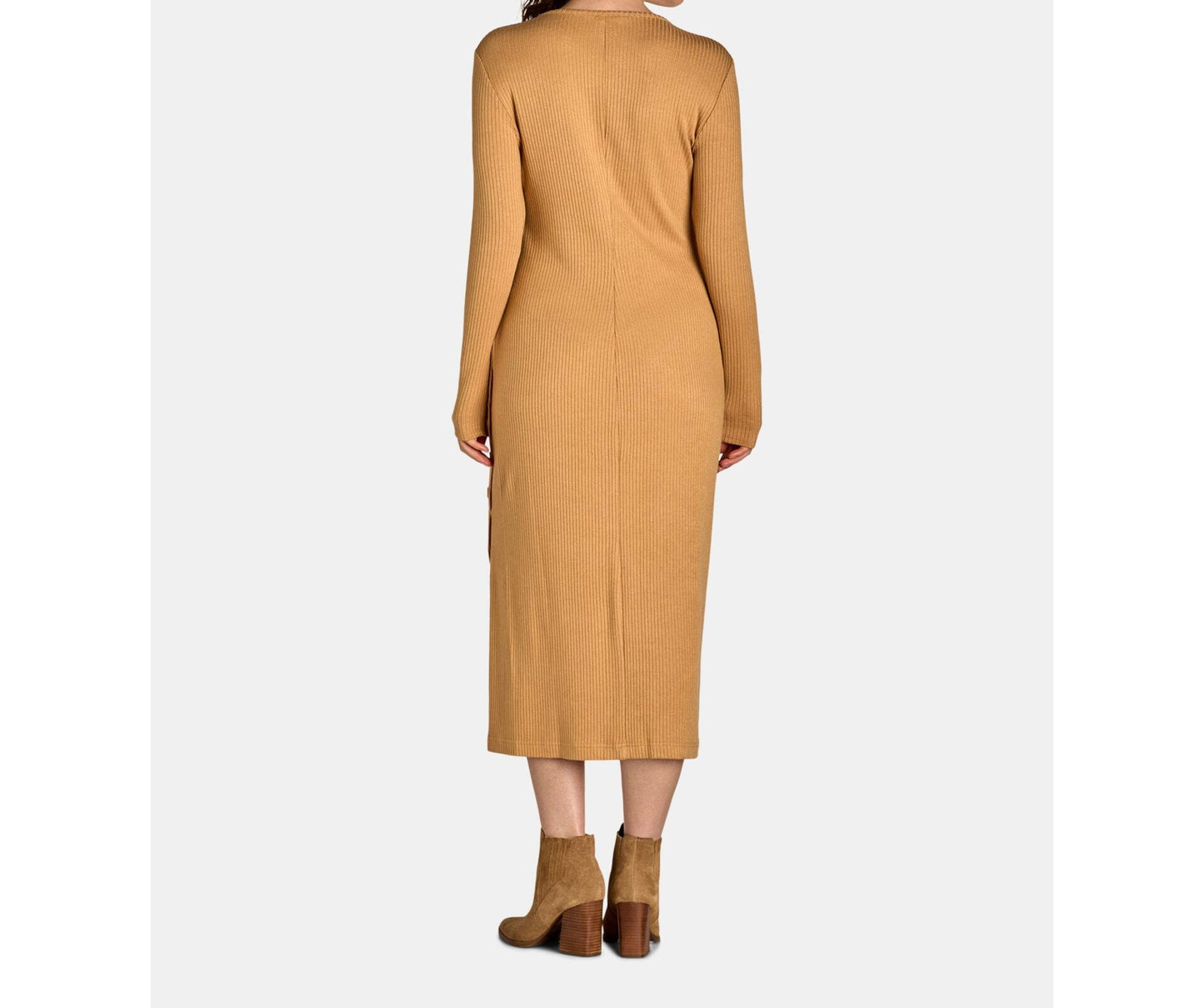 Nine.Eight Womens Ribbed Knit Midi Dress with Long Sleeves Camel Size S