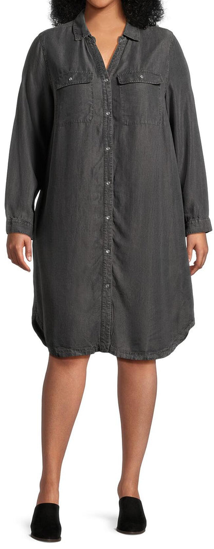 Terra & Sky Womens Plus Size Shirtdress Long Sleeves Black Denim Wash Size 2X