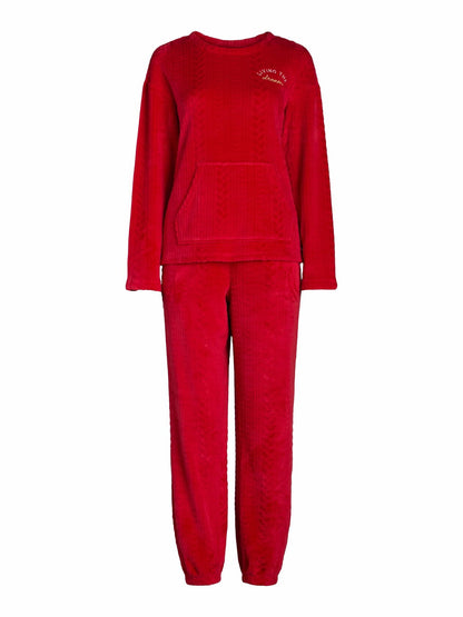 Joyspun Womens Crew Neck Plush Pajama Pullover Pockets Set Red Pepper Size L