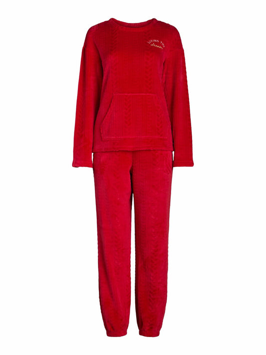 Joyspun Womens Crew Neck Plush Pajama Pullover Pockets Set Red Pepper Size L
