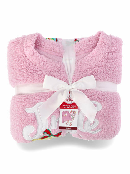 Holiday Time Womens Ornaments Holiday Plush Pajama Set Pink Frosting Size M