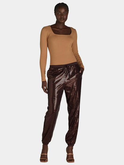 Time and Tru Womens Pull On Sequin Jogger Pants 27” Inseam Chocolate Fudge Sz S