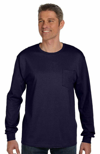 Hanes Tagless Long Sleeve T-Shirt with a Pocket Navy Size L