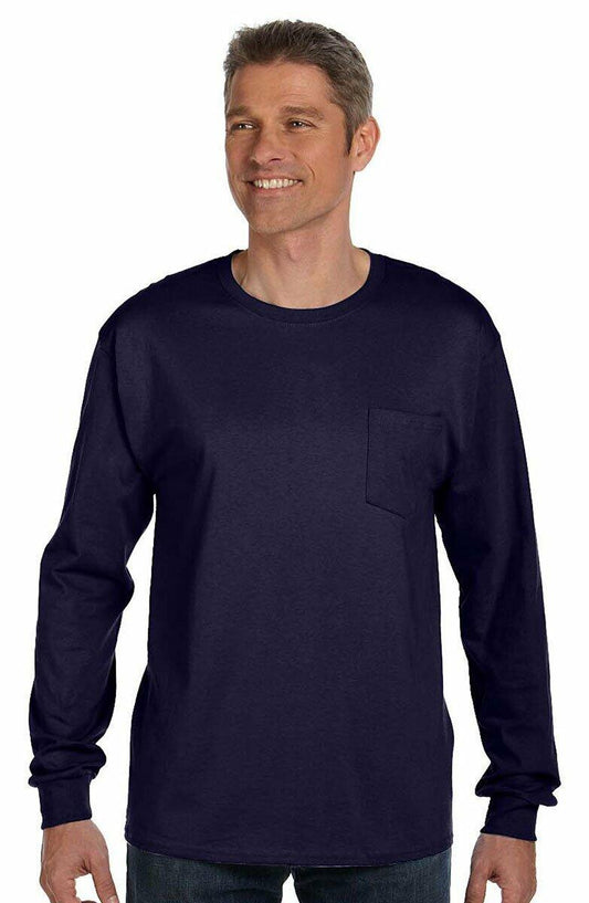 Hanes Tagless Long Sleeve T-Shirt with a Pocket Navy Size L
