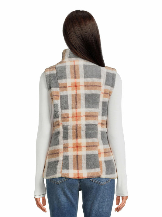 Jason Maxwell Womens Teddy Plaid Full Zip Vest with Drawstring Waist Neutral  M