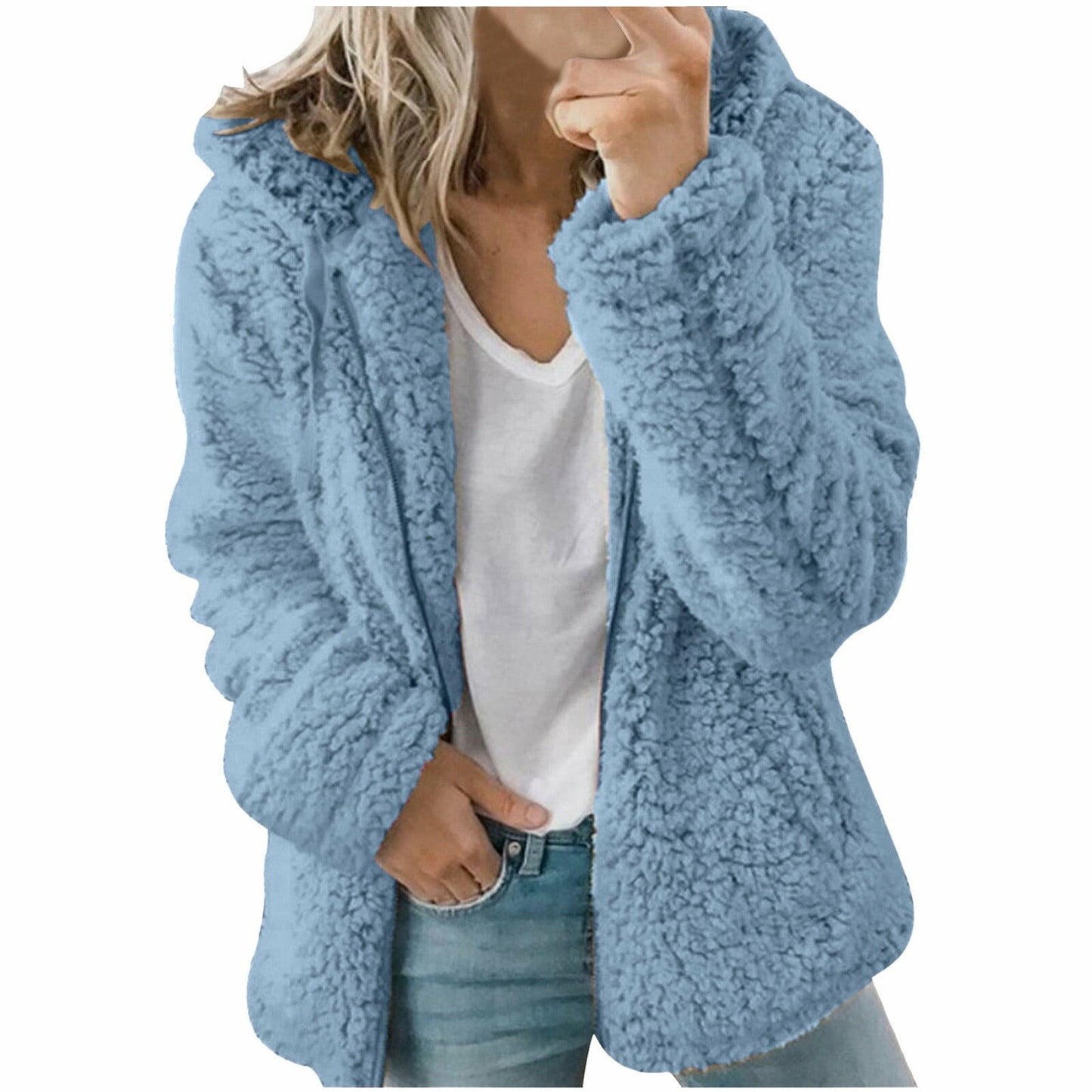 Women's Warm Fleece Lined Hooded Sweatshirt Jacket Coat Light Blue Size XXL