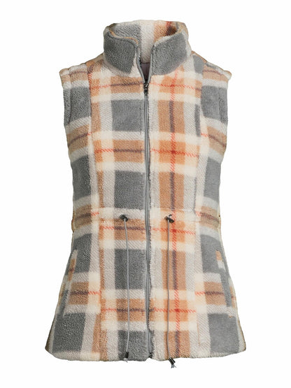 Jason Maxwell Womens Teddy Plaid Full Zip Vest with Drawstring Waist Neutral  M