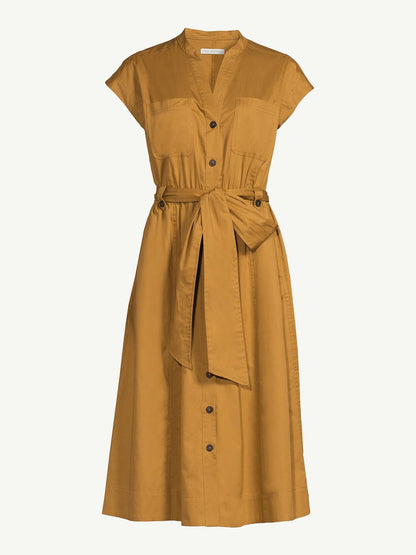Free Assembly Womens Belted Cotton Utility Midi Dress Short Sleeves Dijon Size S