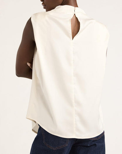 Scoop Womens Sleeveless Mock Neck Pleated Shoulder Blouse