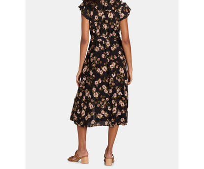 Time and Tru Womens Ruffle Neck Midi Dress Black Floral Size M (8-10)