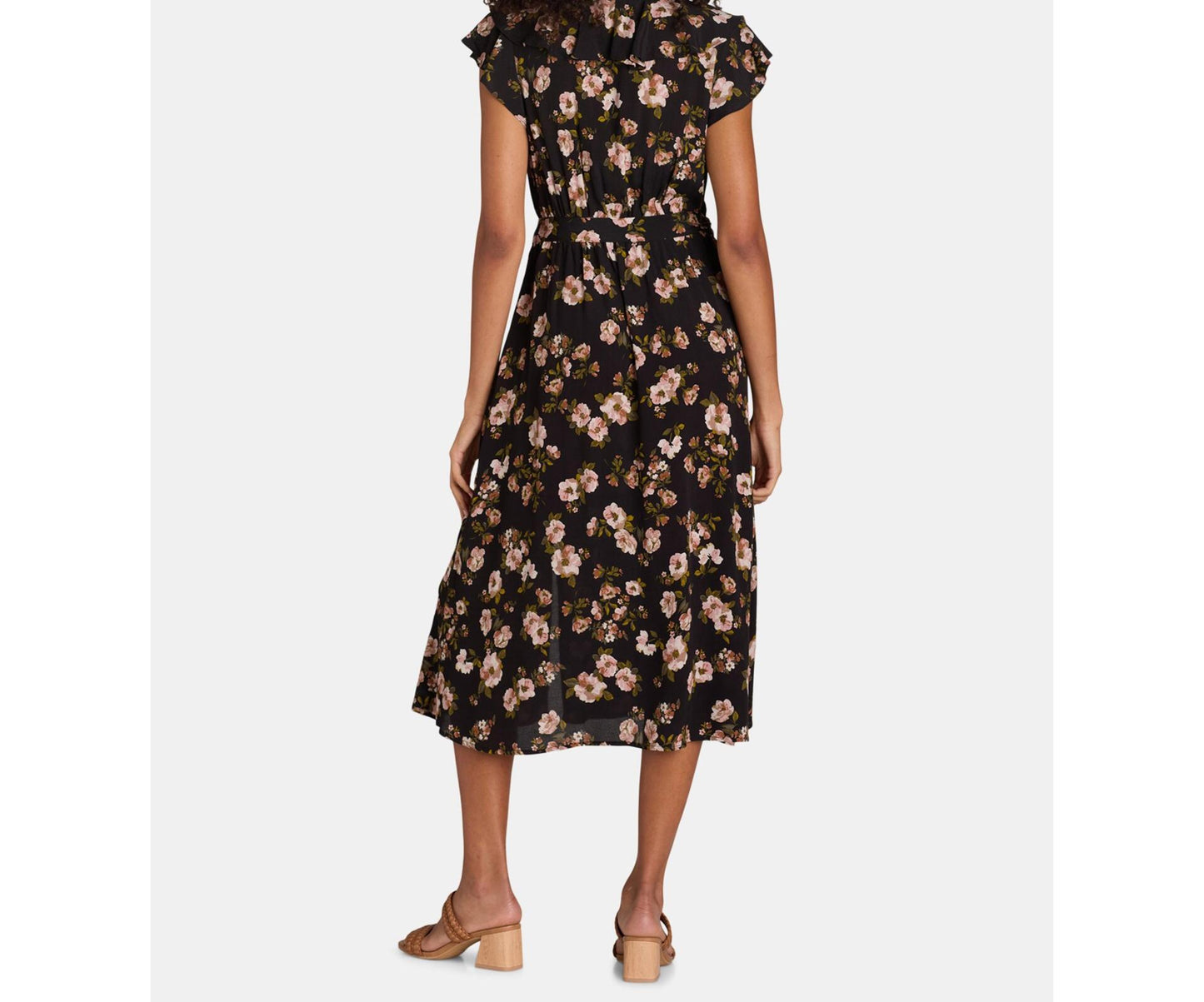 Time and Tru Womens Ruffle Neck Midi Dress Black Floral Size M (8-10)