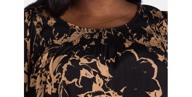 Terra & Sky Womens Plus Smocked Blouse Black Floral Size 1X
