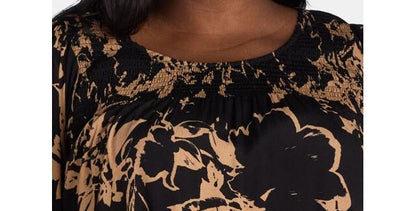 Terra & Sky Womens Plus Smocked Blouse Black Floral Size 1X