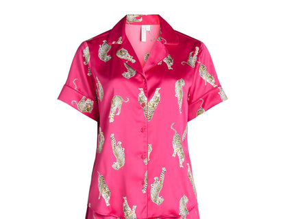 Joyspun Womens Stretch Satin Shortie Pajama Set 2-Pcs Fuchsia Burst/Tigers Sz L