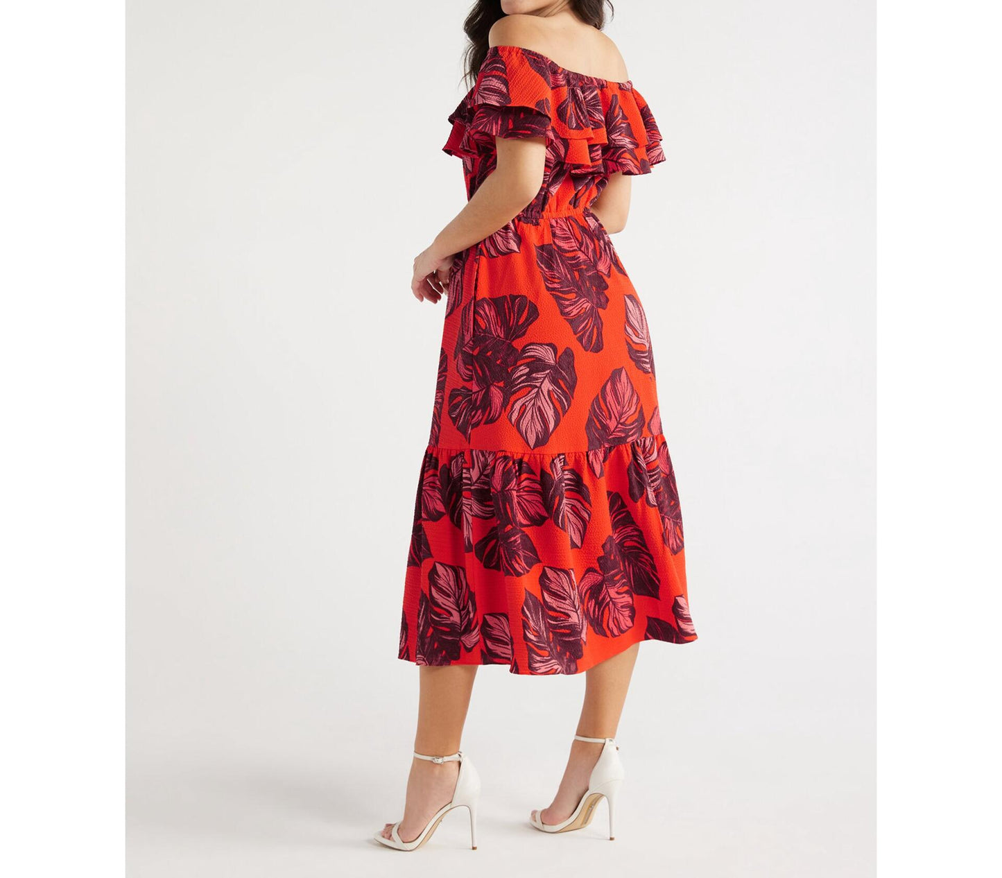 Sofia Vergara Womens Ruffle Off Shoulder Maxi Dress Paradise Palm Print Size L