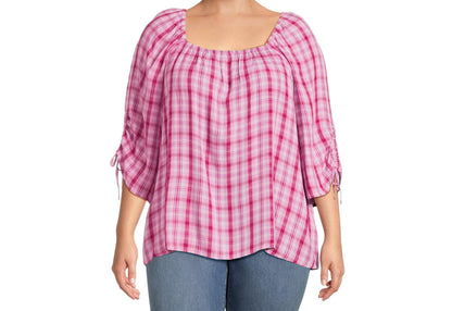 Terra & Sky Womens Square Neck Ruched Top Vibrant Plaid/Brilliant Red Size 2X