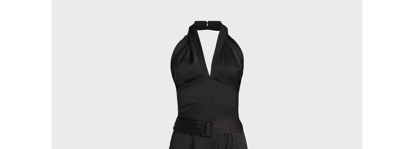 Scoop Womens Wrap Halter Satin Jumpsuit with Wide Leg 32” Inseam Black Size XS