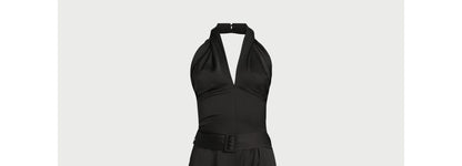 Scoop Womens Wrap Halter Satin Jumpsuit with Wide Leg 32” Inseam Black Size XS