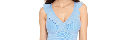 Time and Tru Womens Ruffle Seersucker One Piece Swimsuit Cabana Swim Size M