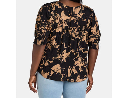 Terra & Sky Womens Plus Smocked Blouse Black Floral Size 1X