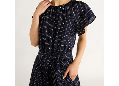 Free Assembly Womens Pleated Midi Dress Flutter Sleeves Darkest Navy Dot Size XS