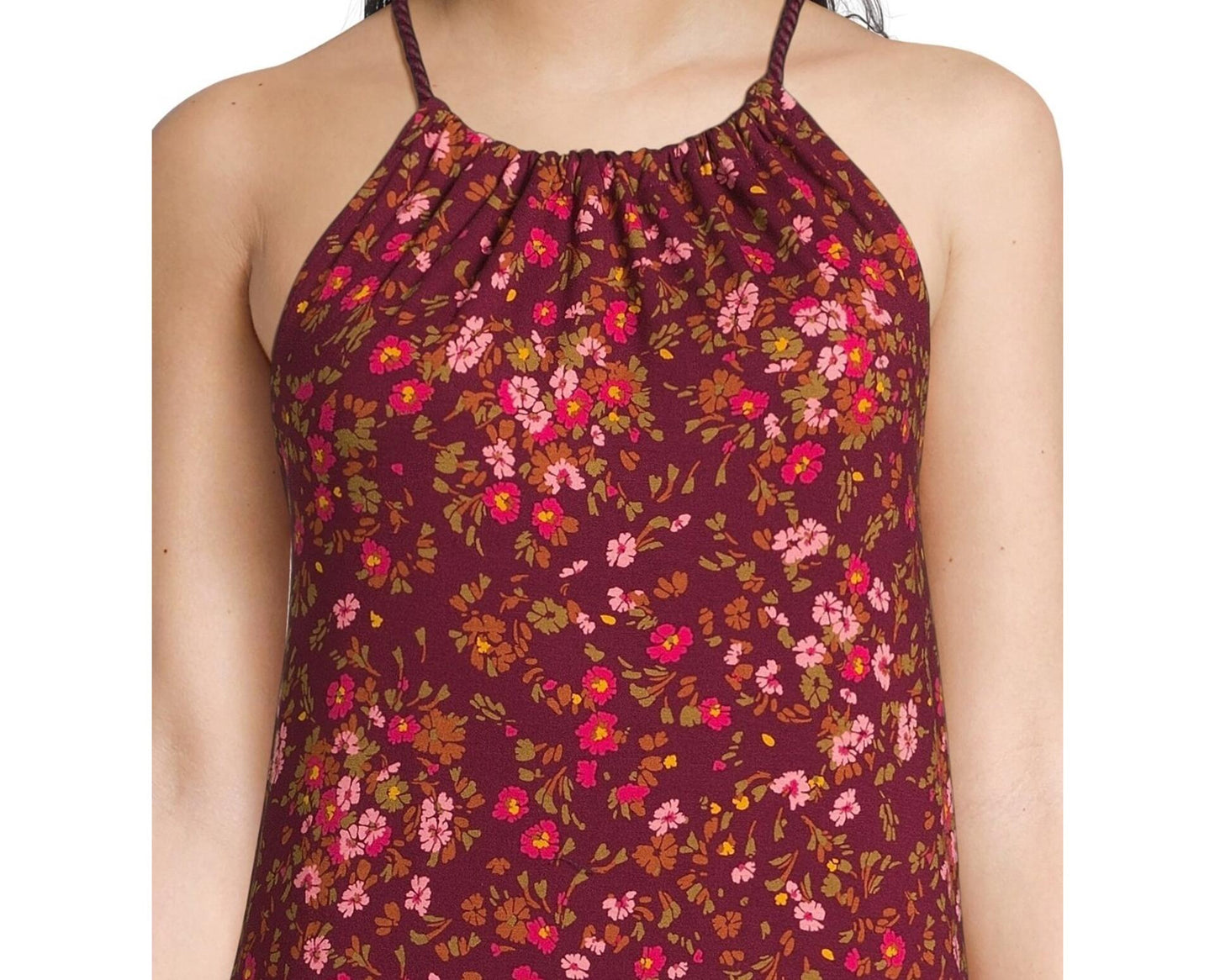 Time and Tru Womens Halter Knit Dress Merlot Wine Floral Size M