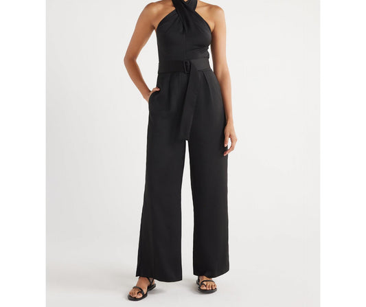 Scoop Womens Wrap Halter Satin Jumpsuit with Wide Leg 32” Inseam Black Size XS