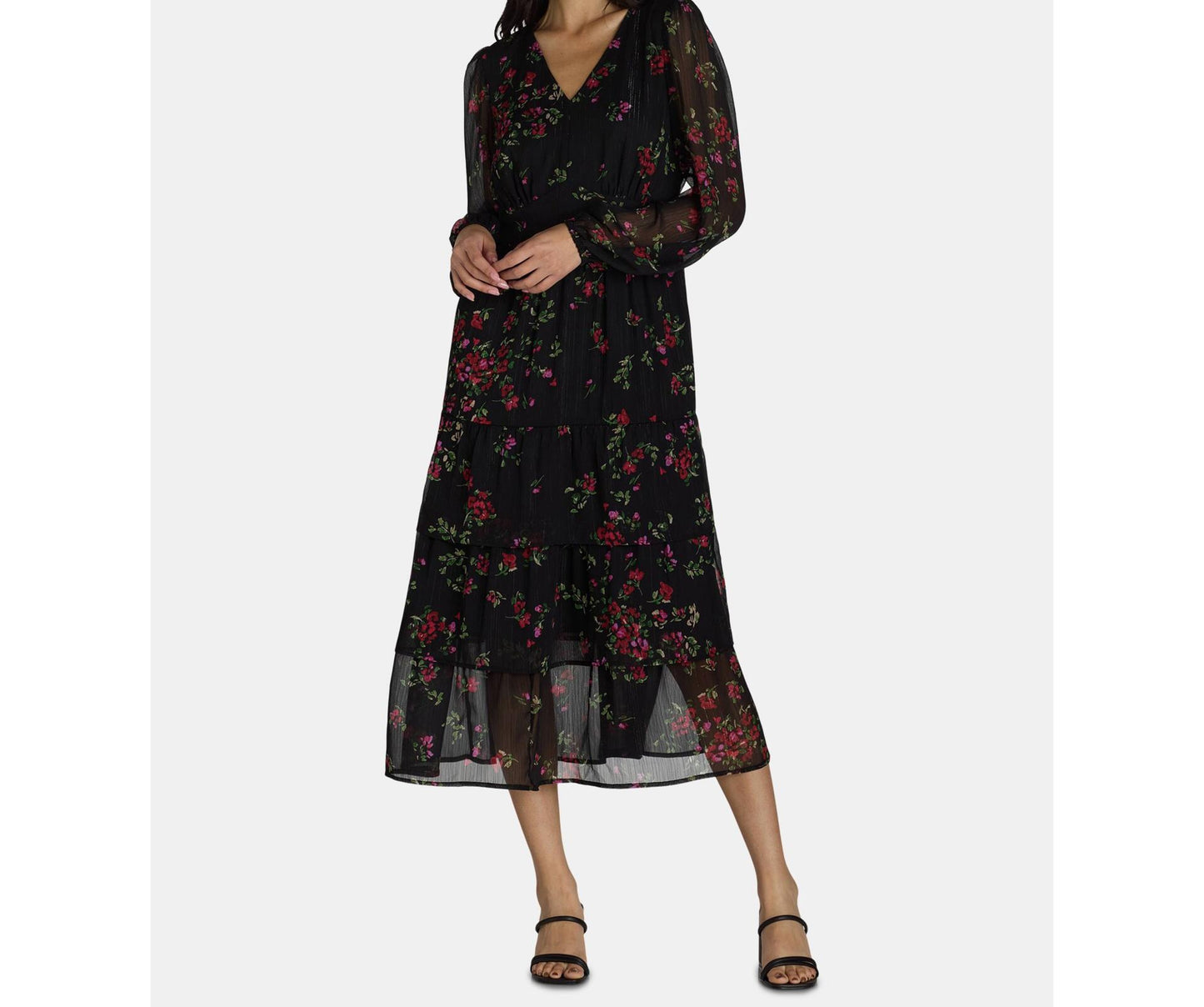 Time and Tru Womens Print Dress with Long Sleeves Black Soot Ditsy Size S