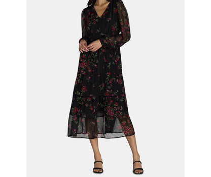 Time and Tru Womens Print Dress with Long Sleeves Black Soot Ditsy Size S