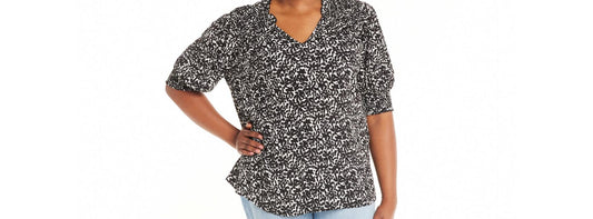 Terra & Sky Womens Plus Size Smocked V-Neck Blouse Floral/Black Size 3X(24W-26W)