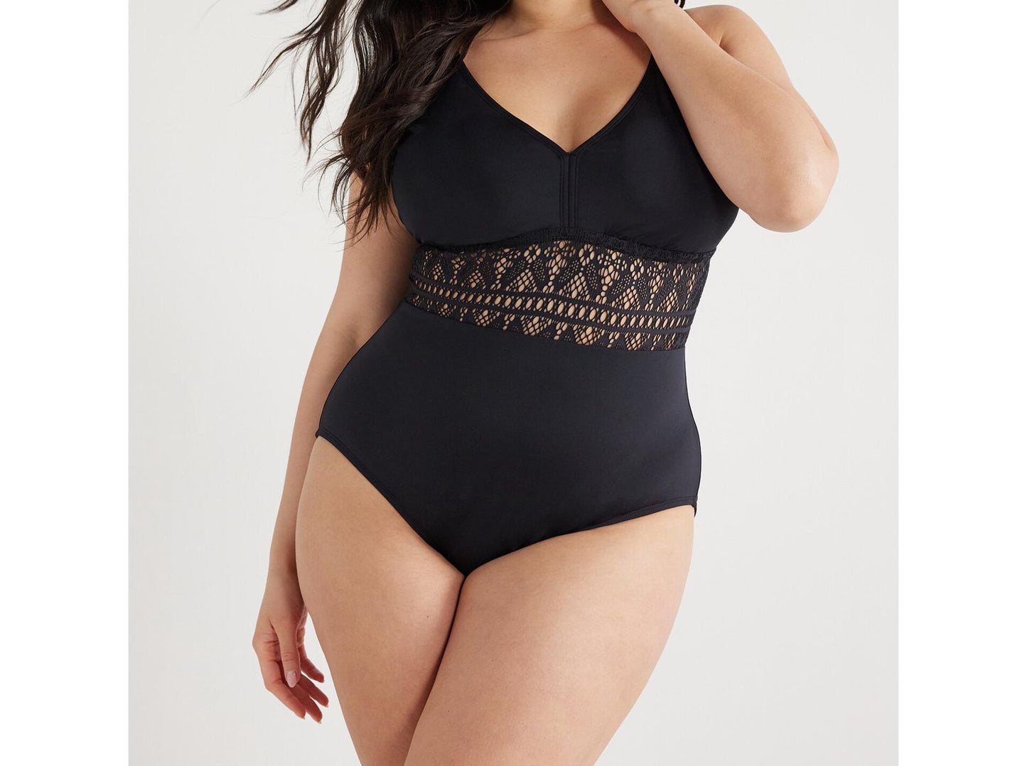 Time and Tru Womens Crochet Plunge One Piece Swimsuit Black Size M