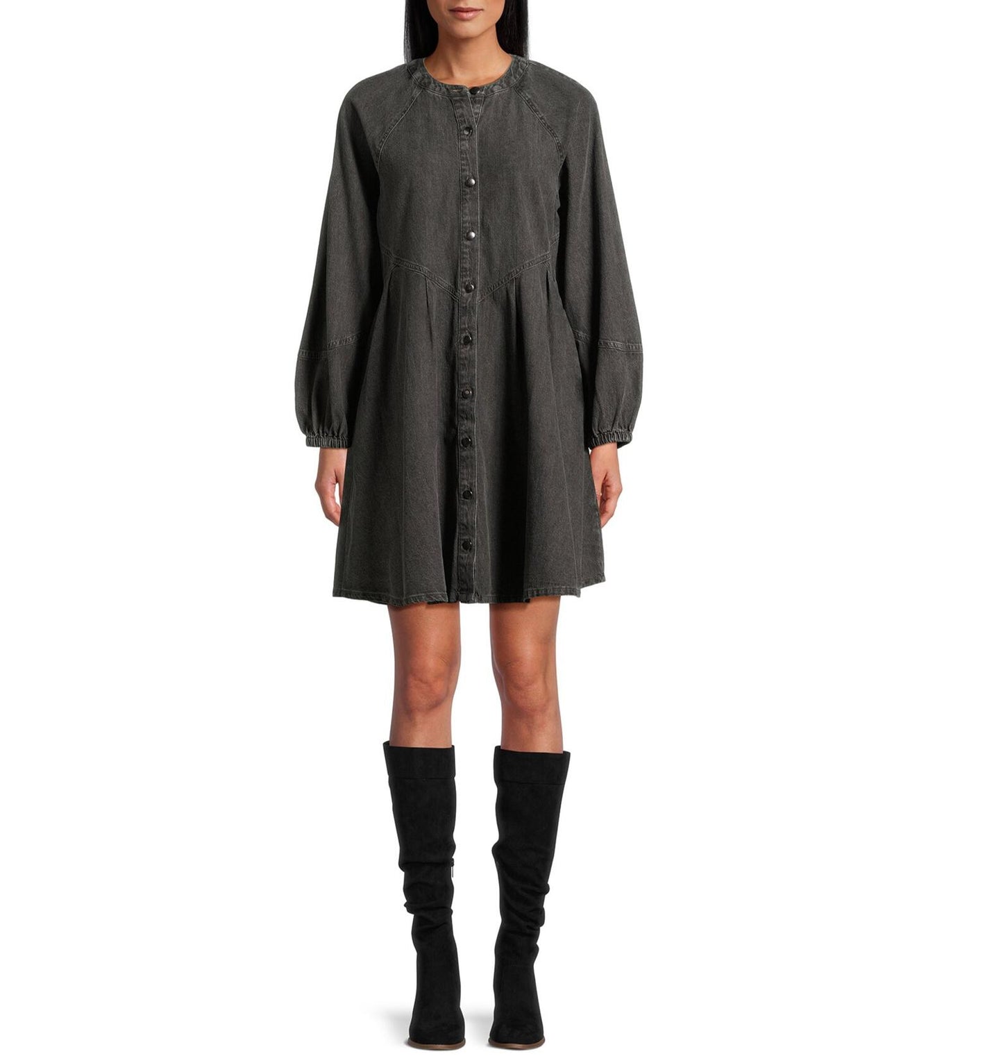 Time and Tru Womens Button Front Mini Dress Long Sleeves Black Denim Size XL