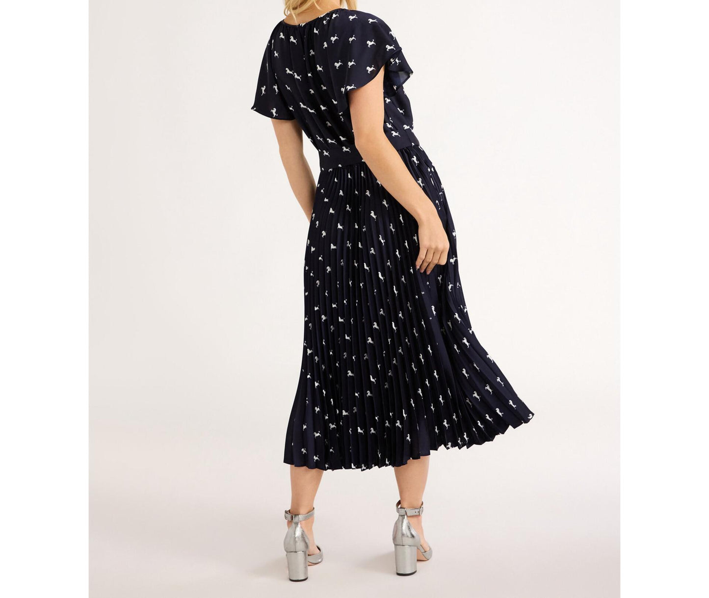 Free Assembly Pleated Midi Dress Flutter Sleeves Darkest Navy Horse Size XL