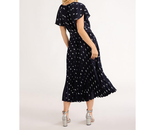 Free Assembly Pleated Midi Dress Flutter Sleeves Darkest Navy Horse Size XL