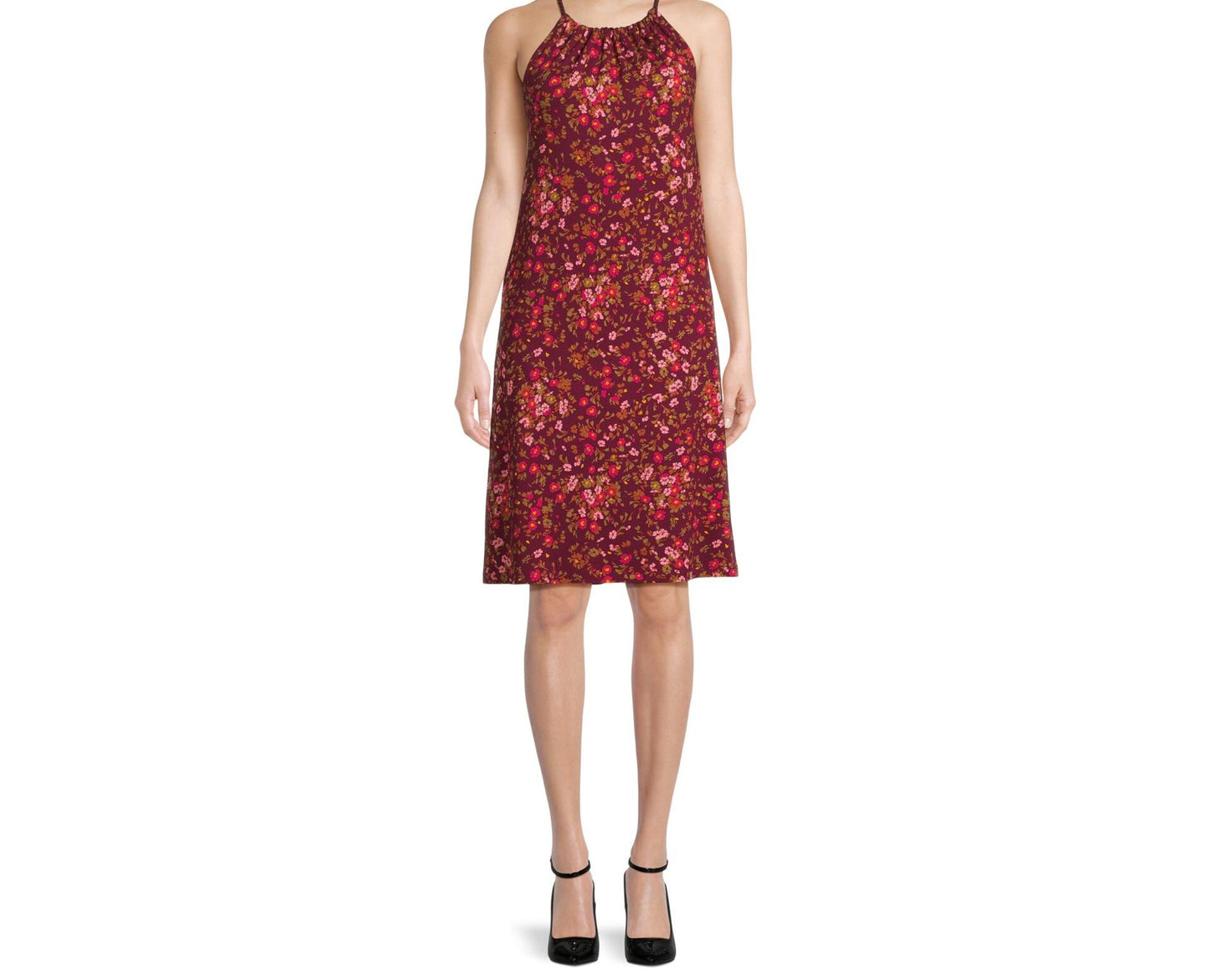 Time and Tru Womens Halter Knit Dress Merlot Wine Floral Size M