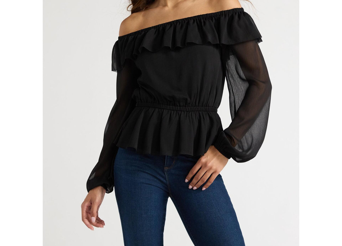 Sofia Jeans Womens Off Shoulder Top Pullover Ruffle Plepum Black Size L (12-14)