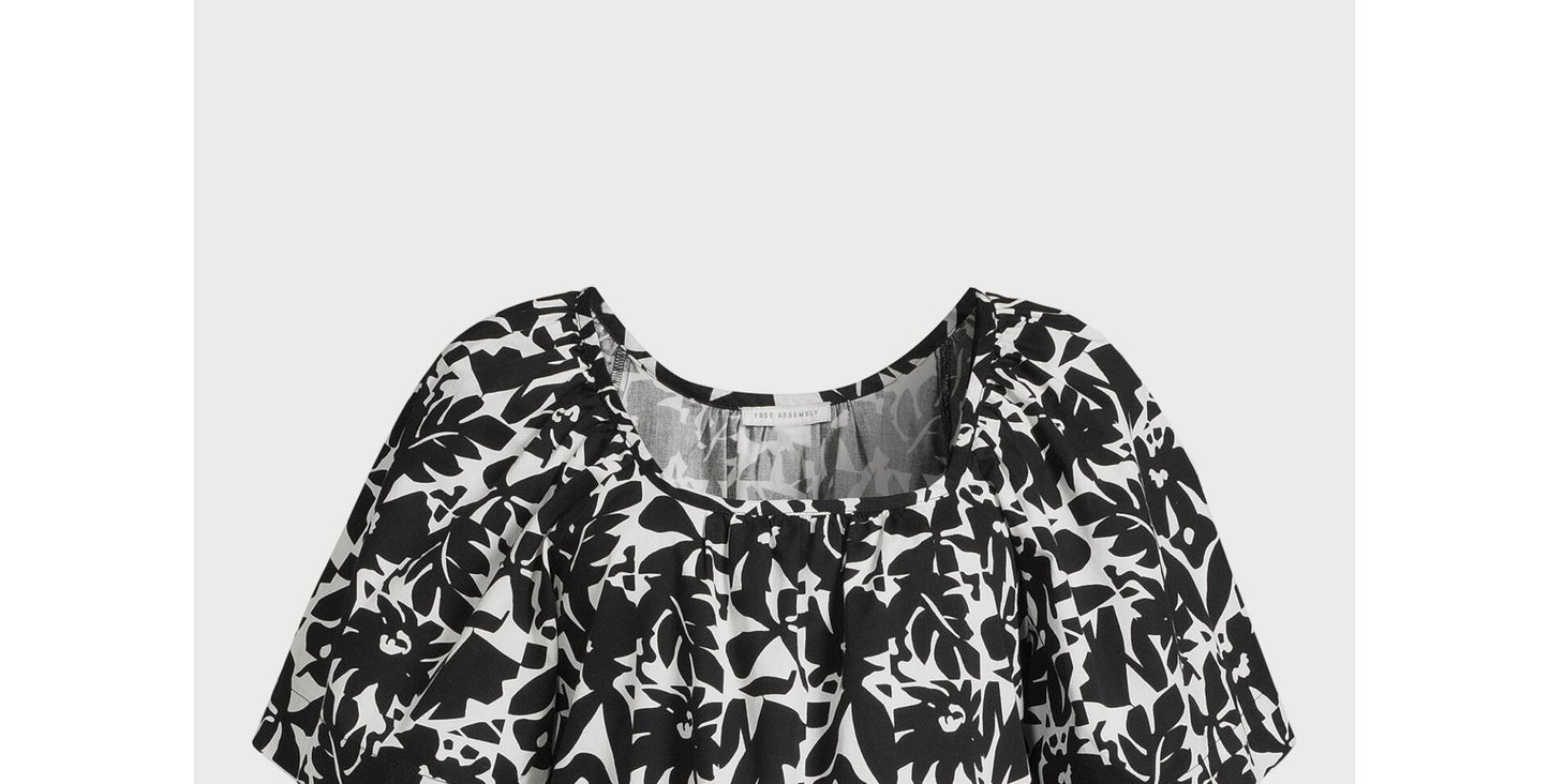 Free Assembly Womens Square Neck Top with Short Sleeves Black Soot Geo Size L