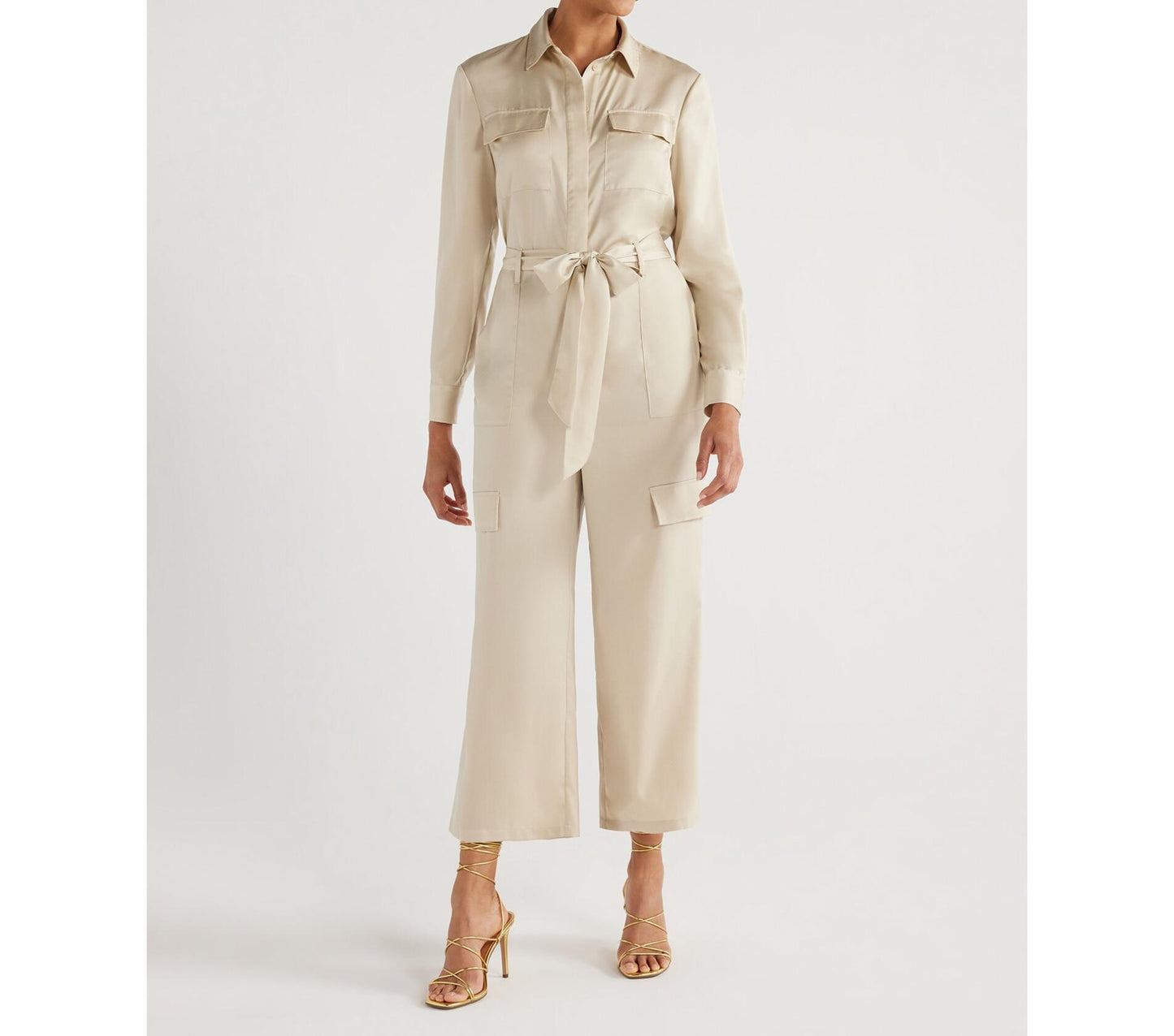 Scoop Womens Satin Wide Leg Jumpsuit Oyster Grey Size XL