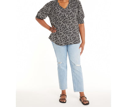 Terra & Sky Womens Plus Size Smocked V-Neck Blouse Floral/Black Size 3X(24W-26W)