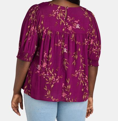 Terra & Sky Womens Plus Smocked Blouse Dreamy Bouquet/ Vivid Plum Sz 4X(28W-30W)