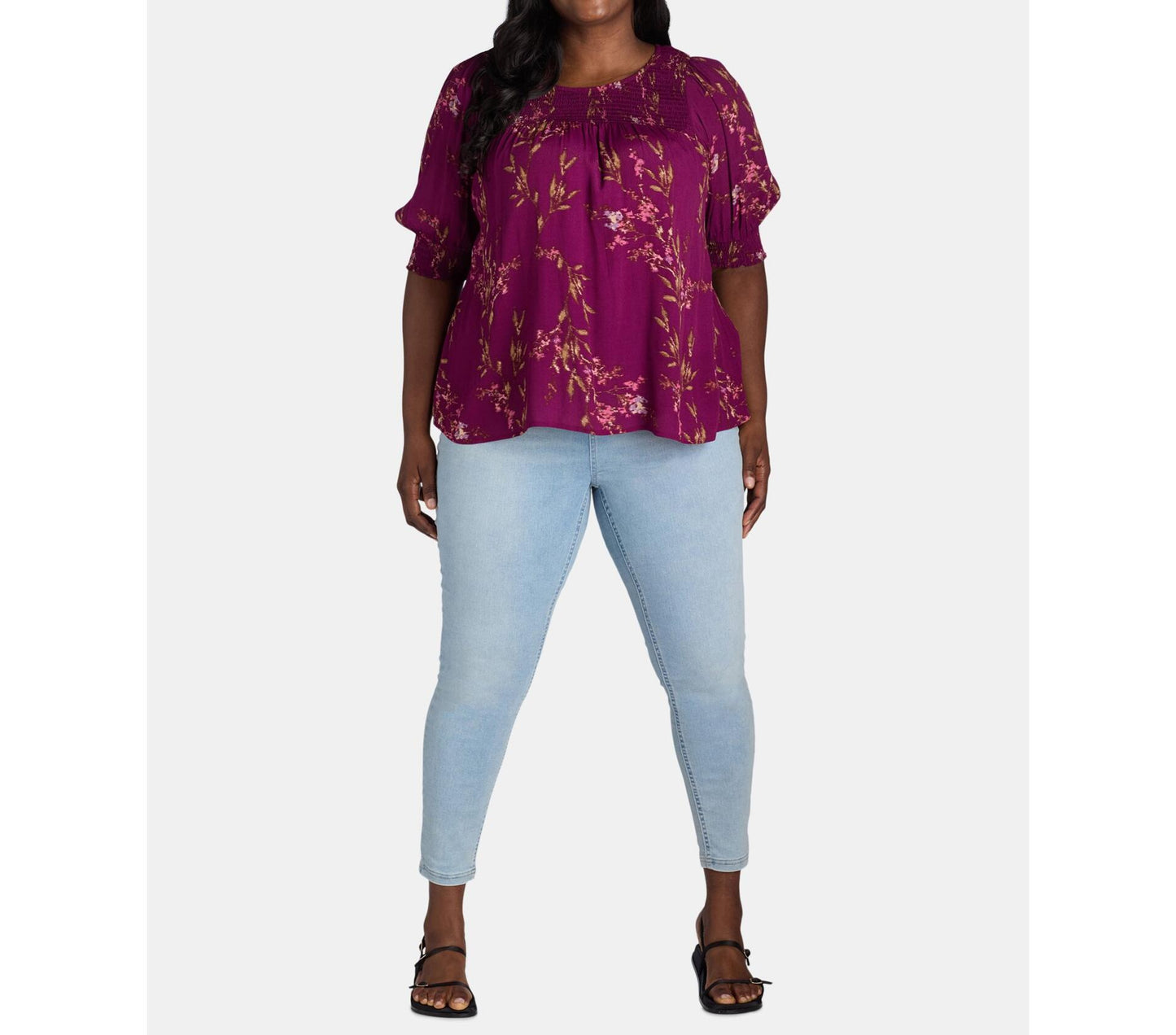 Terra & Sky Womens Plus Smocked Blouse Dreamy Bouquet/ Vivid Plum Sz 4X(28W-30W)