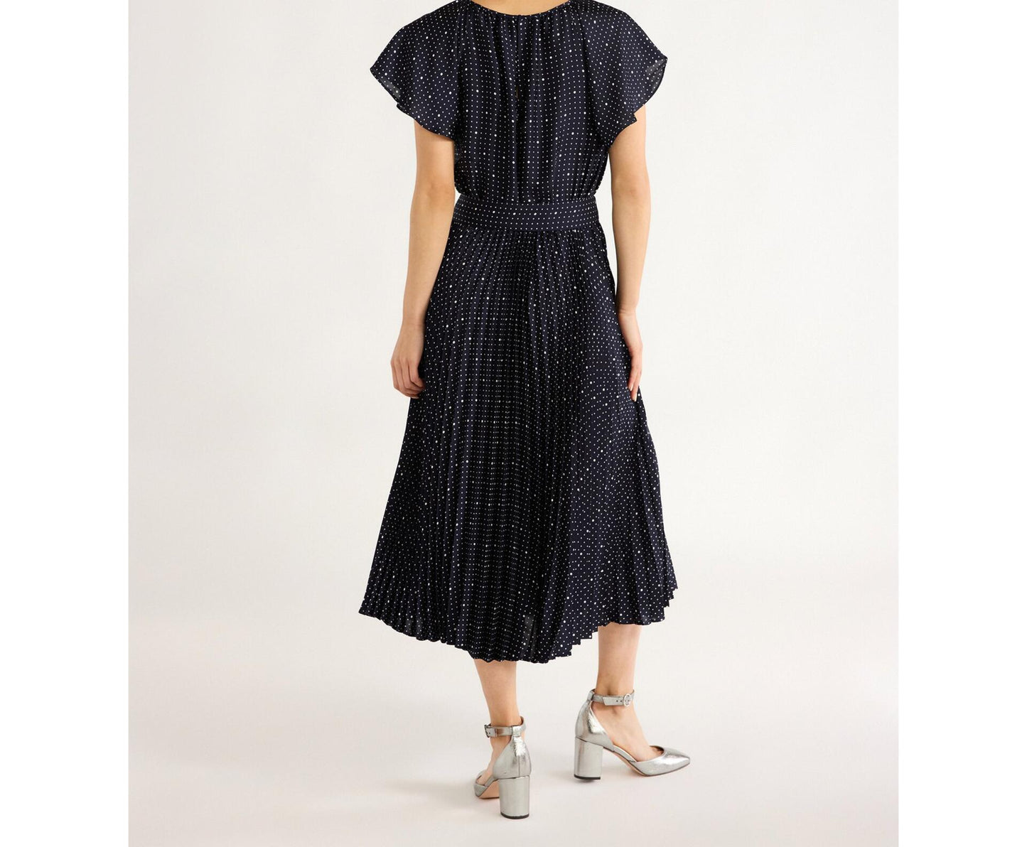 Free Assembly Womens Pleated Midi Dress Flutter Sleeves Darkest Navy Dot Size XS
