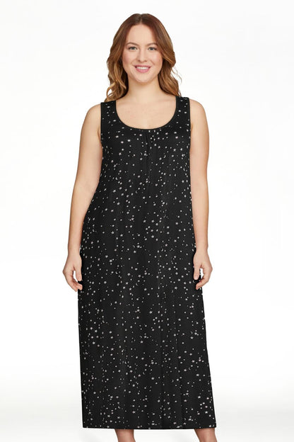 Joyspun Womens Sleeveless Knit Midi Chemise Stars Black Print Size XL