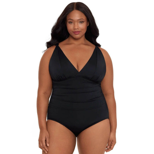 Time and Tru Womens Plus Plunge Neck One Piece Swimsuit Black Size XXL