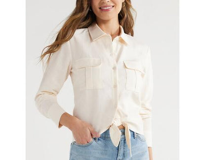 Sofia Jeans Women's Plus Linen Blend Tie Front Top Pockets Whisper White Size XL